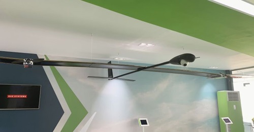 A concept model of the PHASA-35 HAPS being developed between BAE Systems and SAMI exhibited at the Dubai Airshow.