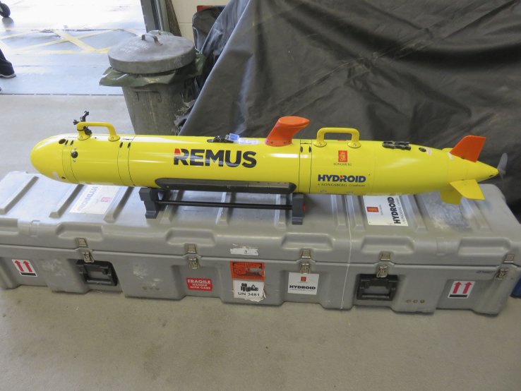 Kongsberg’s REMUS 100 was used for hydrographic reconnaissance during AAF 2.0. The orange protuberance on the top is a GPS/WiFi/Iridium antenna. The black bar on the side is a sidescan sonar antenna. (Giles Ebbutt)