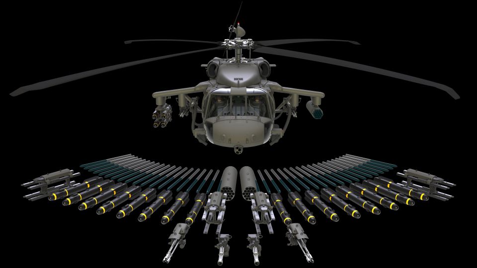 This is Sikorsky’s latest armed S-70i Black Hawk with the weapons it can carry  – air to ground Hellfire missiles, 7- or 19-shot Hydra 70 rocket pods, 7.62-mm mini-guns, and 50-cal (12.7 mm) guns. (Sikorsky)