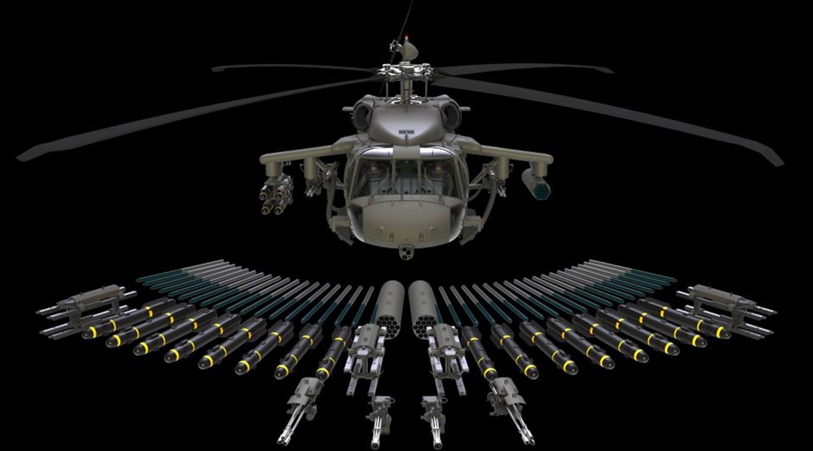 This is Sikorsky's latest armed S-70i Black Hawk with the weapons it can carry  - air to ground Hellfire missiles, 7- or 19-shot Hydra 70 rocket pods, 7.62-mm mini-guns, and 50-cal (12.7 mm) guns.
