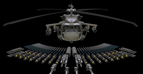 This is Sikorsky's latest armed S-70i Black Hawk with the weapons it can carry  - air to ground Hellfire missiles, 7- or 19-shot Hydra 70 rocket pods, 7.62-mm mini-guns, and 50-cal (12.7 mm) guns.