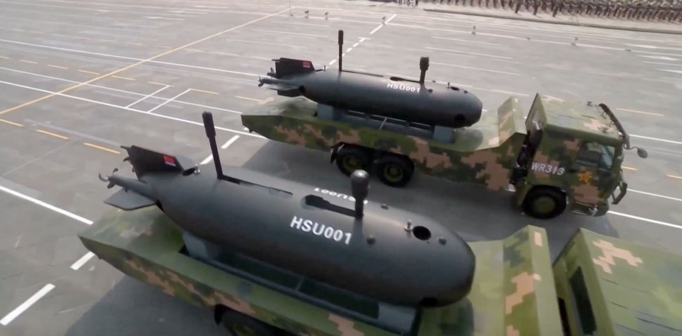 A screen capture showing two HSU001 unmanned underwater vehicles being shown in public for the first time during a military parade in Beijing on 1 October. (CGTN)