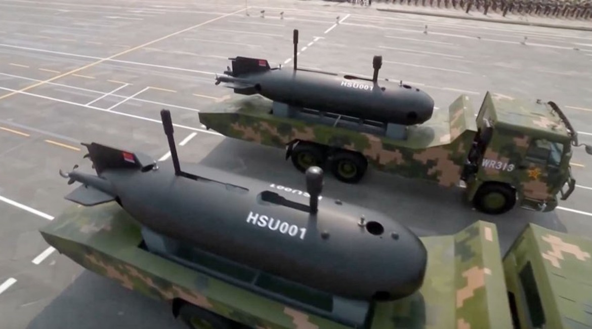 A screen capture showing two HSU001 unmanned underwater vehicles being shown in public for the first time during a military parade in Beijing on 1 October.