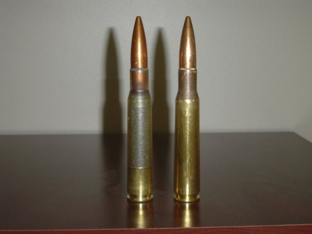 A standard .50 calibre round (right) and MAC’s .50 calibre polymer round (left). (MAC LLC)