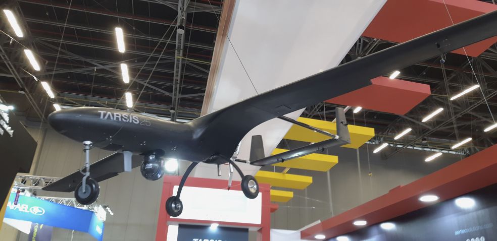 The Aertec Solutions Tarsis 25 tactical UAV on display at Expodefensa 2019 in Bogota. (Jane’s/Pat Host)