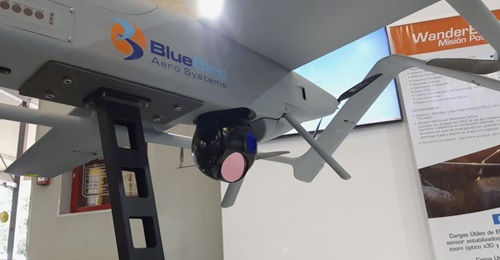 Close up of the gimbal displayed on the WanderB at Expodefensa. BlueBird Aero Systems both develops its own payloads and has integrated other companies' payloads.