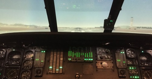 The cockpit view of Sikorsky's six-axis Black Hawk helicopter simulator located in Melgar, Colombia.