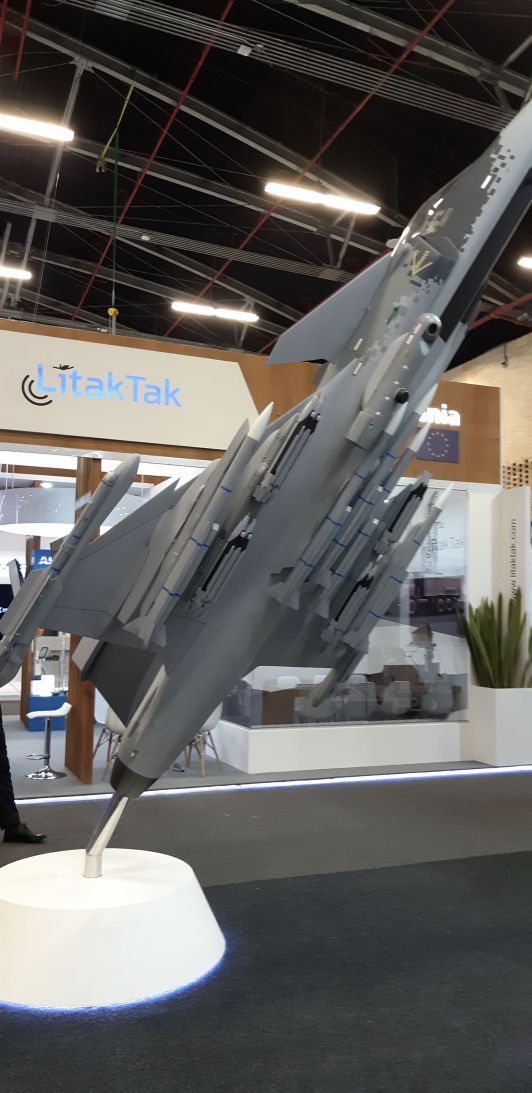 A model of Saab's Gripen E being developed for Brazil and Sweden on display at Expodefensa 2019. (Janes/Pat Host)