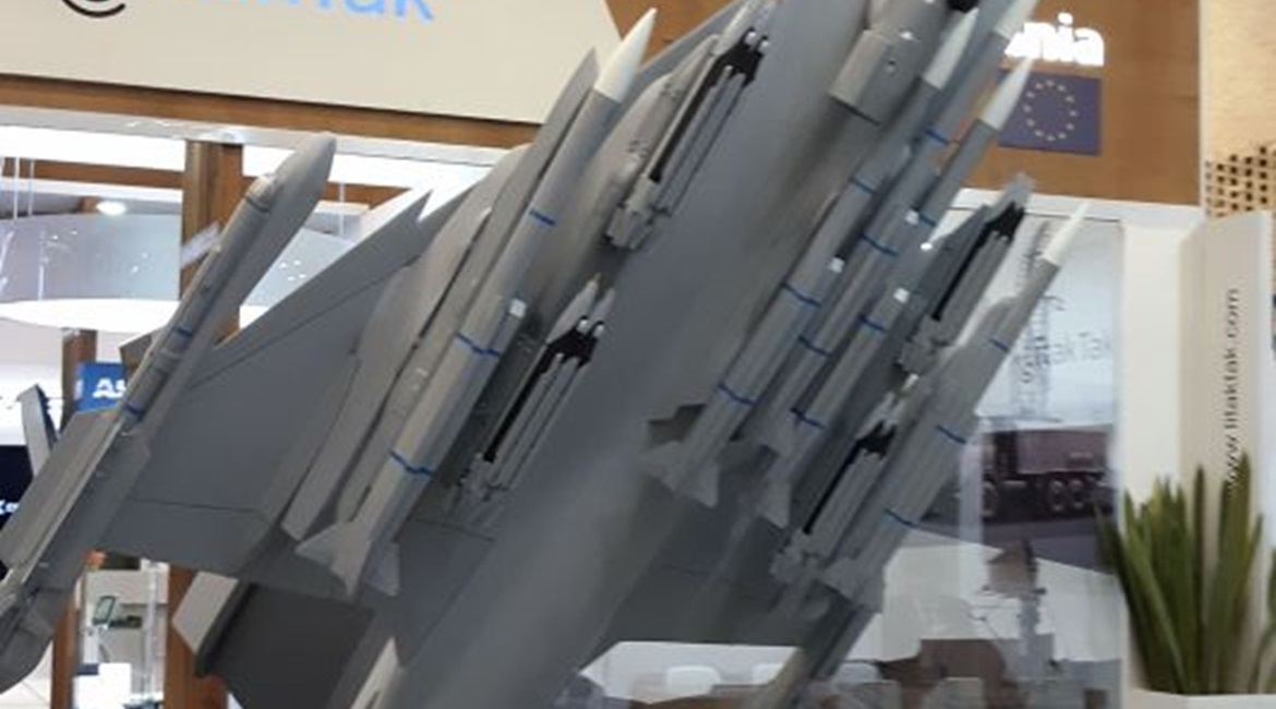 A model of Saab's Gripen E being developed for Brazil and Sweden on display at Expodefensa 2019.