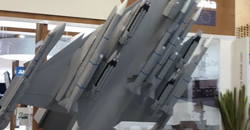 A model of Saab's Gripen E being developed for Brazil and Sweden on display at Expodefensa 2019.