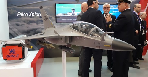 A model of Leonardo's M-346FA aircraft on display at Expodefensa on 3 December 2019.