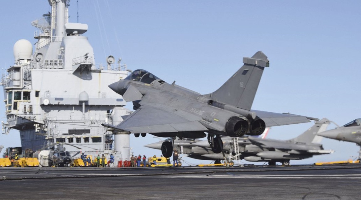 A French Rafale M fighter lands on 
        
         during 'PEAN 2019'.