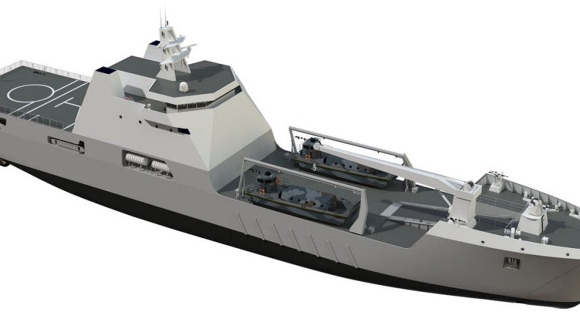 A computer-generated image of Damen's LST 100 landing ship that is being built in Sharjah for the Nigerian Navy.