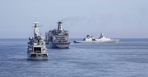 The Royal Danish Navy Iver Huitfeldt-class frigate HDMS 
        
         (right), the US Military Sealift Command auxiliary ship USNS 
        
        centre), and the Royal Netherlands Navy M-class frigate HNLMS 
        
         sail in ...