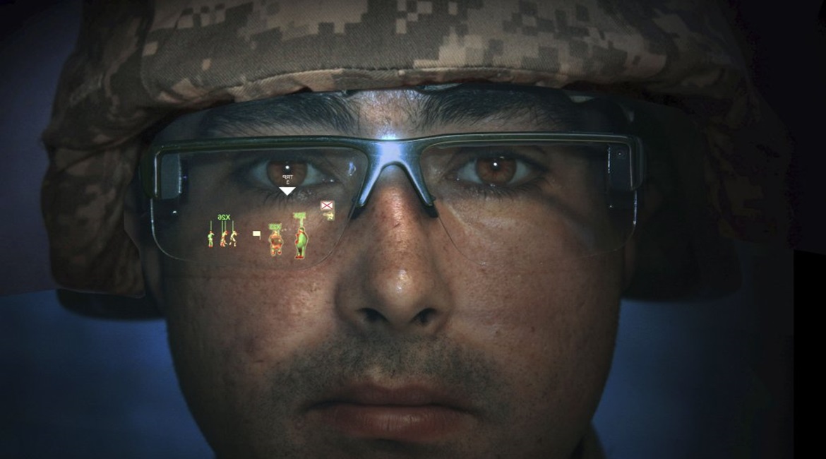 Pictured is the Collins Aerospace Crystal-50 Enhanced Reality Vision system showing the display in one lens.