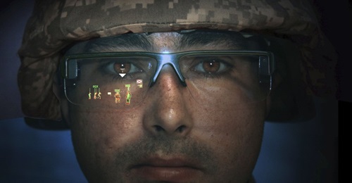 Pictured is the Collins Aerospace Crystal-50 Enhanced Reality Vision system showing the display in one lens.