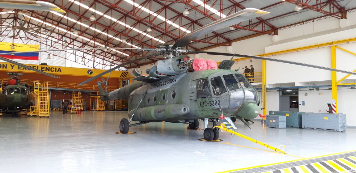A Colombian Army Mil Mi-17 ‘Hip’ helicopter on display in the army’s Tolemaida Air Base maintenance, repair, and overhaul hangar on 5 December. (Janes/Pat Host)