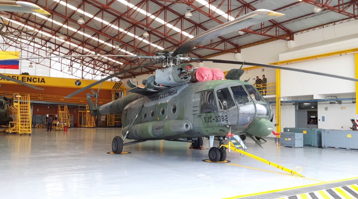 A Colombian Army Mil Mi-17 'Hip' helicopter on display in the army's Tolemaida Air Base maintenance, repair, and overhaul hangar on 5 December.