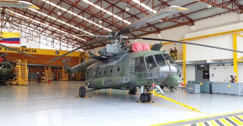 A Colombian Army Mil Mi-17 'Hip' helicopter on display in the army's Tolemaida Air Base maintenance, repair, and overhaul hangar on 5 December.