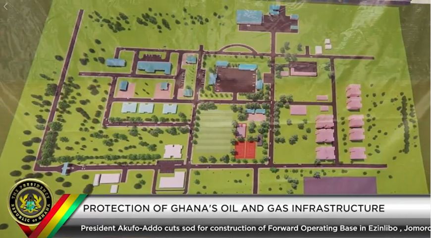 A still from a video released by the presidency of Ghana shows the plan for the new Ezinlibo base. (Presidency of the Republic of Ghana)