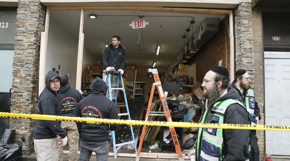 Aftermath of a small-arms attack on a kosher supermarket in New Jersey, the United States, on 10 December 2019.