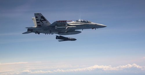 A LRASM is launched from an F/A-18E/F Super Hornet during testing. EOC on the F/A-18E/F was achieved in November 2019.