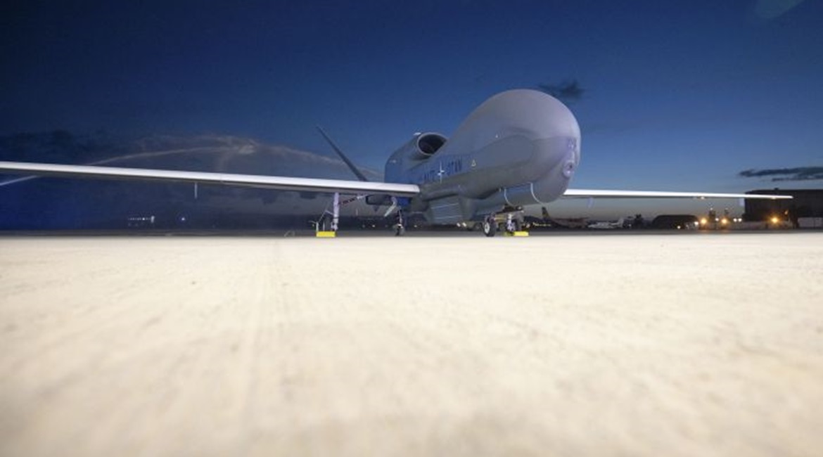 NATO's first RQ-4D Global Hawk remotely piloted aircraft after it arrived in Sigonella, Sicily, on 21 November 2019.