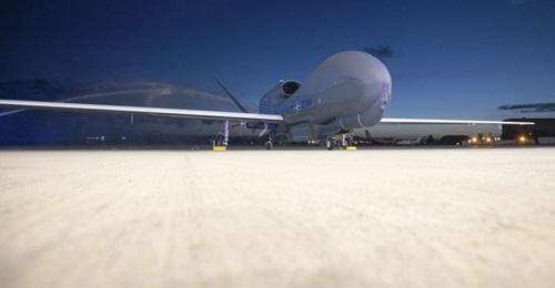 NATO's first RQ-4D Global Hawk remotely piloted aircraft after it arrived in Sigonella, Sicily, on 21 November 2019.
