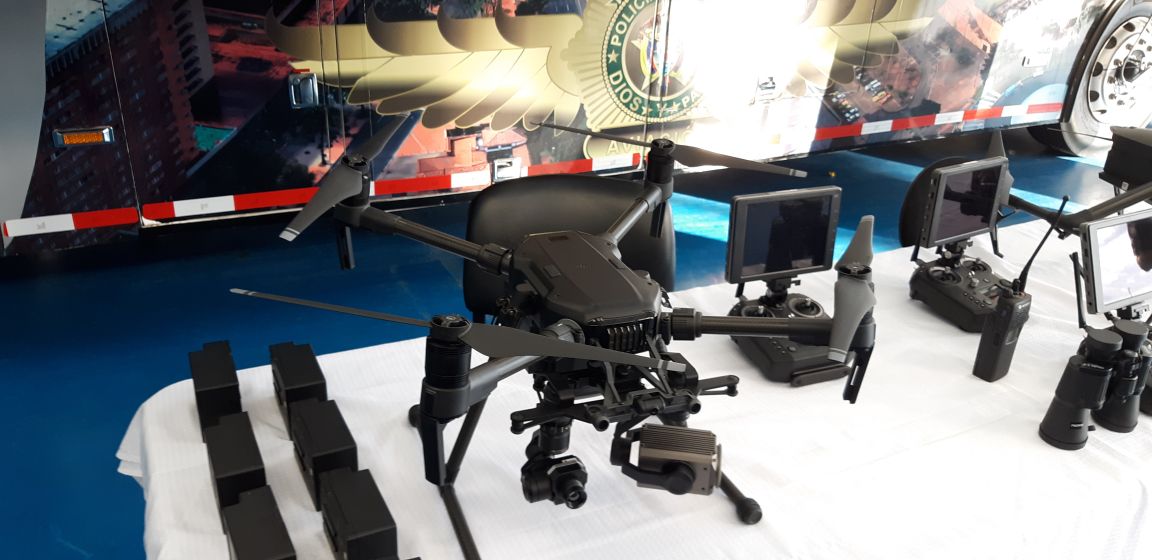 This Chinese DJI Matrice 210 UAV, on display with the Colombian National Police, is an aircraft that the Pentagon is now barred from acquiring. A provision in the FY 2020 NDAA prevents the Pentagon from acquiring Chinese-developed UAVs, components, or services. (Jane’s/Pat Host)