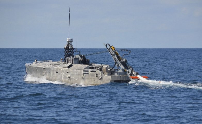 The Mine Countermeasures Unmanned Surface Vessel with the AQS-24B minehunting sonar seen during a sea trial. (Northrop Grumman)
