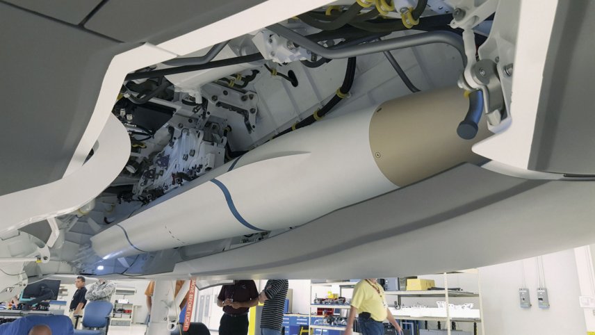 A model of the AARGM-ER missile being used for a fit check in an F-35 weapons bay. The SiAW missile will leverage this missile to provide the F-35A with an internally-carried A2/AD capability. (Northrop Grumman)