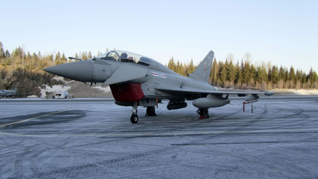 A two-seat Royal Air Force Eurofighter Typhoon T.Mk3 equipped with a Rafael Litening V targeting pod in Finland for evaluation by the Finnish Air Force as part of the country’s fighter aircraft procurement. (Charles Forrester / Janes)