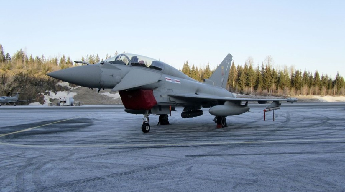 A two-seat Royal Air Force Eurofighter Typhoon T.Mk3 equipped with a Rafael Litening V targeting pod in Finland for evaluation by the Finnish Air Force as part of the country's fighter aircraft procurement.