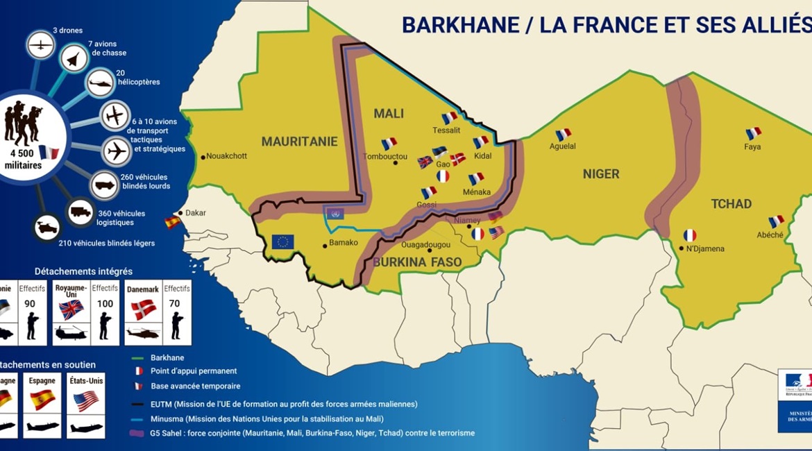 A French Ministry of Armed Forces map shows the disposition of French and allied forces in the region, as well the operating areas of the G5 Sahel Joint Force along the five members' borders.