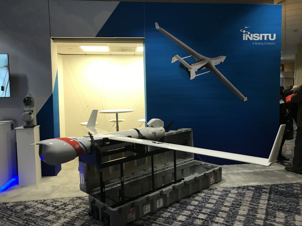 Insitu's ScanEagle endurance mini-UAV on display at the Surface Navy trade show on 14 January 2020. (Insitu)