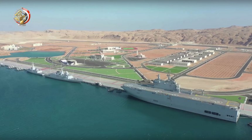 A still from a video released by the Egyptian Ministry of Defence shows warships moored at the new Berenice Naval Base for the opening ceremony. (Egyptian Ministry of Defence)