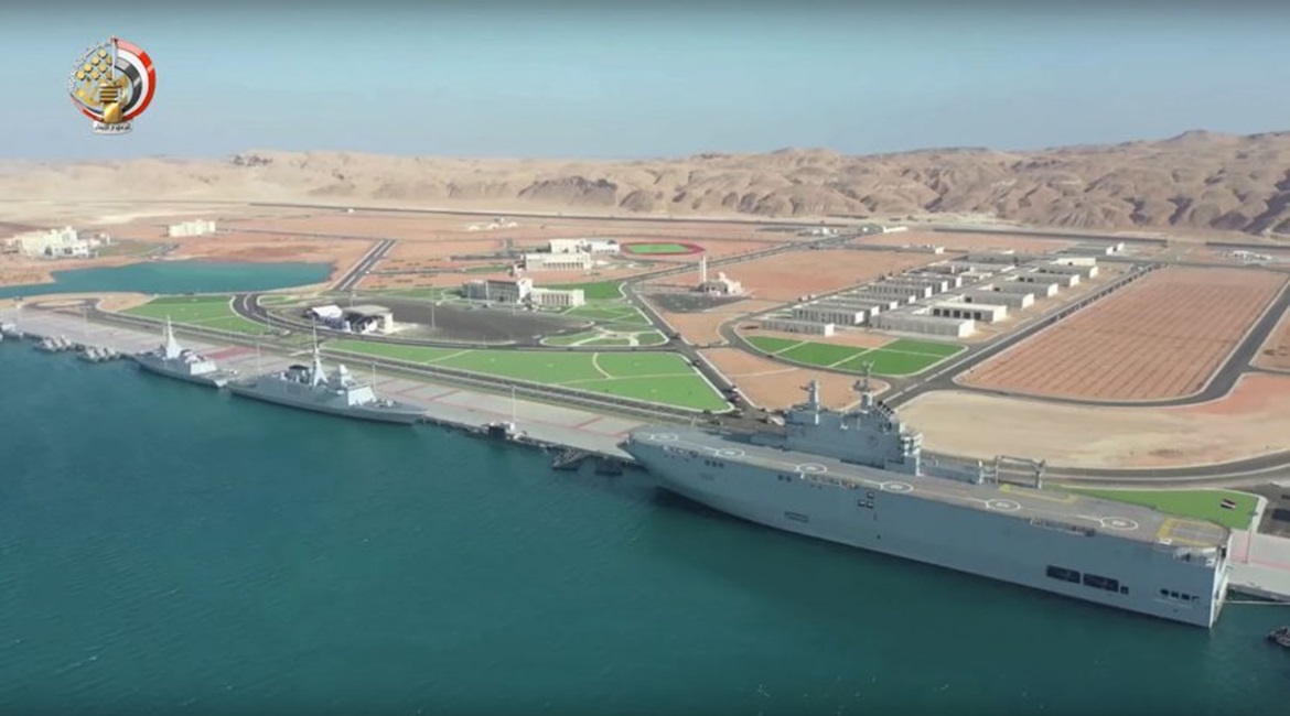 A still from a video released by the Egyptian Ministry of Defence shows warships moored at the new Berenice Naval Base for the opening ceremony.