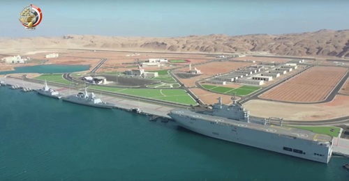 A still from a video released by the Egyptian Ministry of Defence shows warships moored at the new Berenice Naval Base for the opening ceremony.