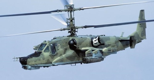 A production Kamov Ka-50 Chernaya Akula 'Black Shark'. The coaxial rotors are spaced further apart than the rotors on the SB>1 because the Ka-50 does not prioritise speed.