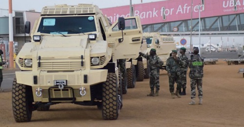 Four Streit Typhoon MRAPs are seen at Bamako's international airport after they were delivered from the UAE