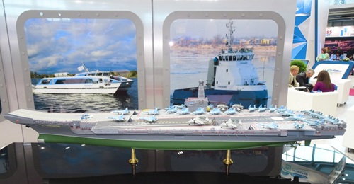 A scale model of the proposed Project 11430E Lamantin-class nuclear-powered aircraft carrier.