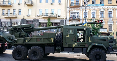 A prototype of the 155 mm 2S22 Bogdana is shown during an Independence Day parade. The system is slated to undergo trials until mid-2020 and could be in service one or two years later.