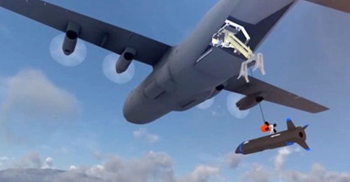 A screenshot from a US Air Force video showing one of two ways DARPA plans to aerial recover the X-61A. The other way is via a similar hose-and-drogue device positioned off the right wing of the C-130.