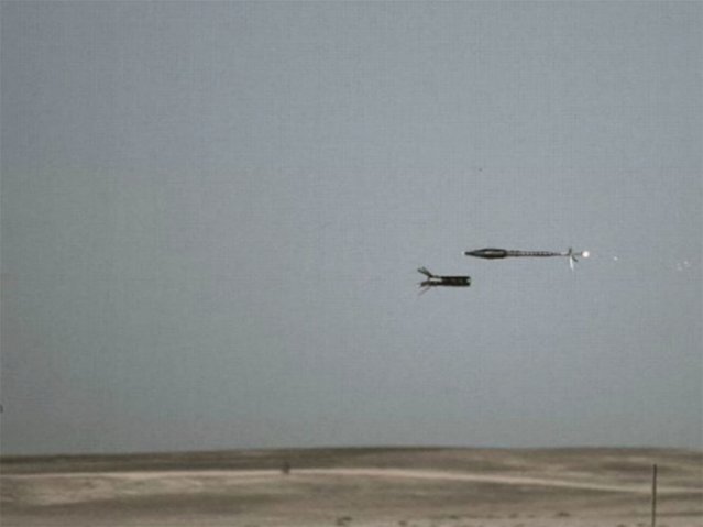 An image of the IFLD munition just before it intercepts an RPG. Elbit has not released any imagery of the IFLK defeating an APFSDS. (Elbit Systems)