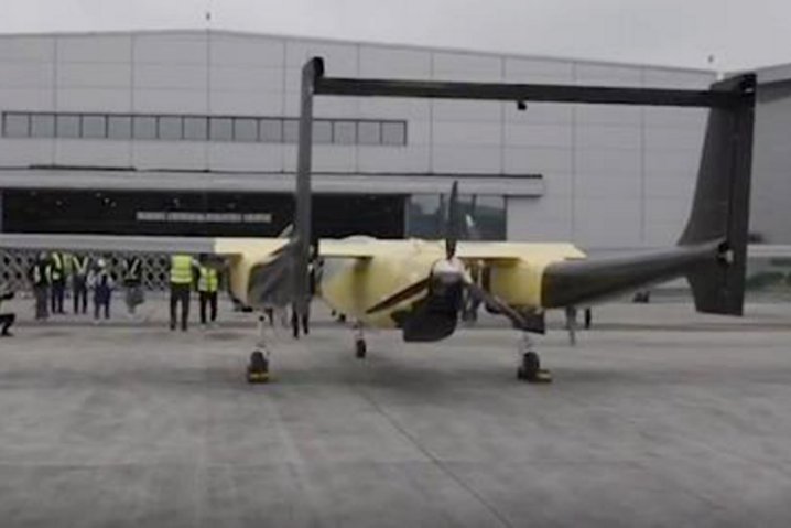 Screen capture of Sichuan Tengden’s three-engined UAV prototype, which is derived from its existing TB001 ‘Twin-tailed Scorpion’ platform. The image clearly shows the newly added third engine integrated to the rear of its fuselage pod. (DW News)