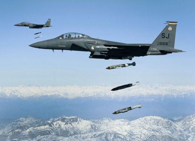 US Air Force F-15E Strike Eagles dropping munitions on Afghanistan at the height of the conflict some years ago. The US military recoded the most number of airstrikes for a decade in 2019 as the security situation on the ground deteriorates. (US Air Force)