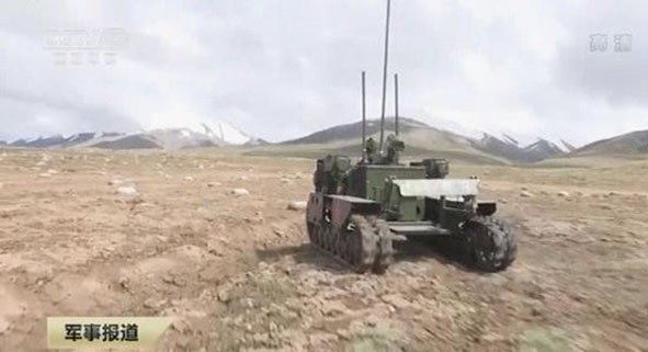 A Chinese mine-clearing robot exercising alongside Chinese armoured units on the Qinghai-Tibet plateau in August 2019. (CCTV)