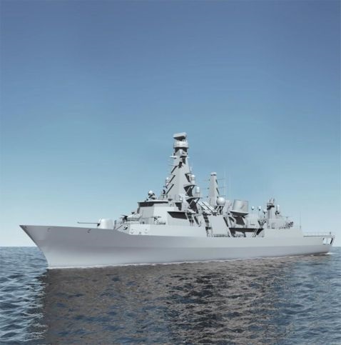 A computer-created graphic image showing a Barbaros-class frigate after the MLU is completed.