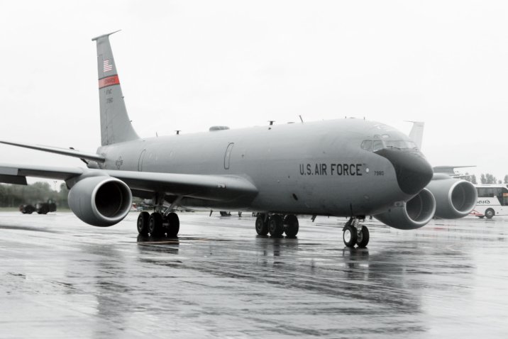 The USAF wants to equip its KC-135R/T (pictured) and KC-46A tanker-transport fleets with a podded BLOS communications system that would turn them into command and control nodes for other assets acting in the future battlespace. (Jane’s/Gareth Jennings)