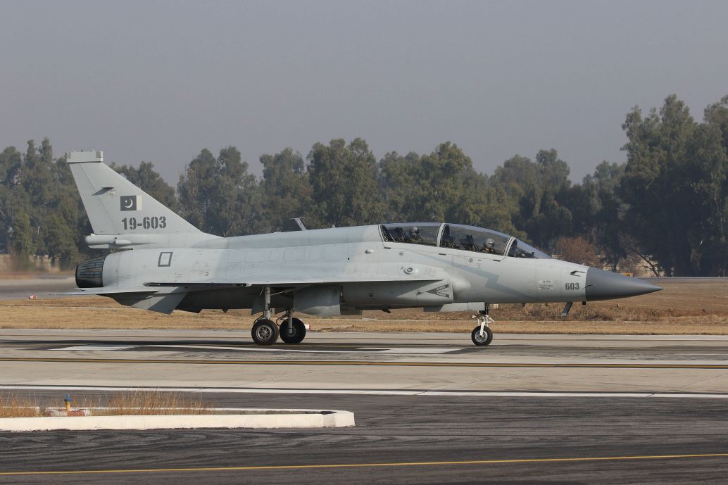 A JF-17B aircraft is pictured taxiing out for a test flight test from PAC Kamra in late January 2020. (Alan Warnes)